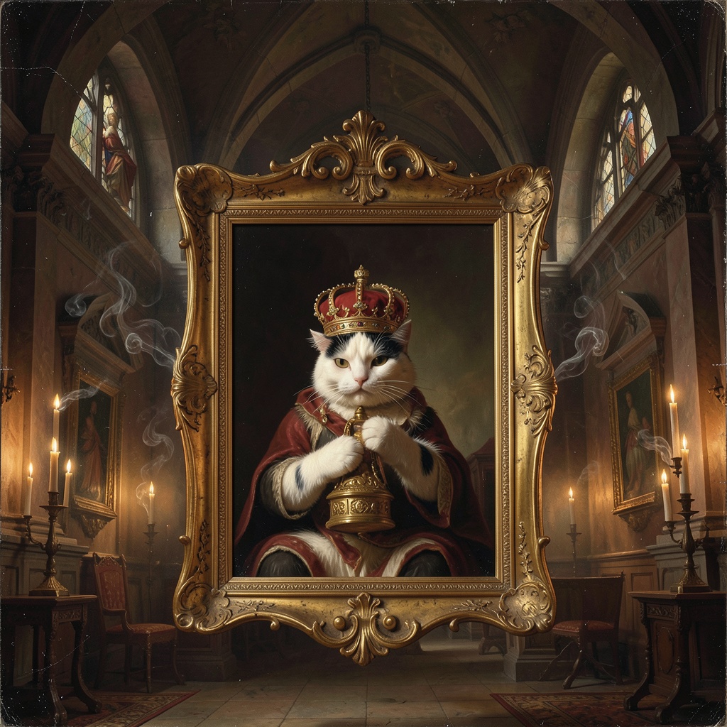 Rollen, portrayed as a crowned figure in an ornate gilt frame, inside a candlelit cathedral